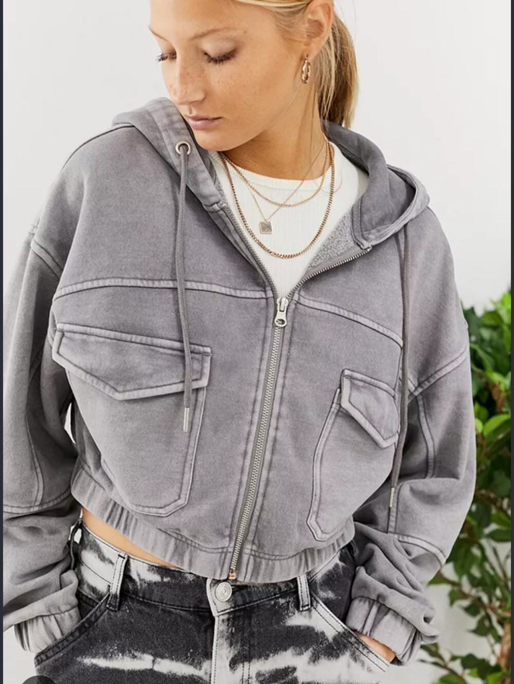 Urban Outfitters Cropped Hooded Bomber Jacket in Washed Khaki